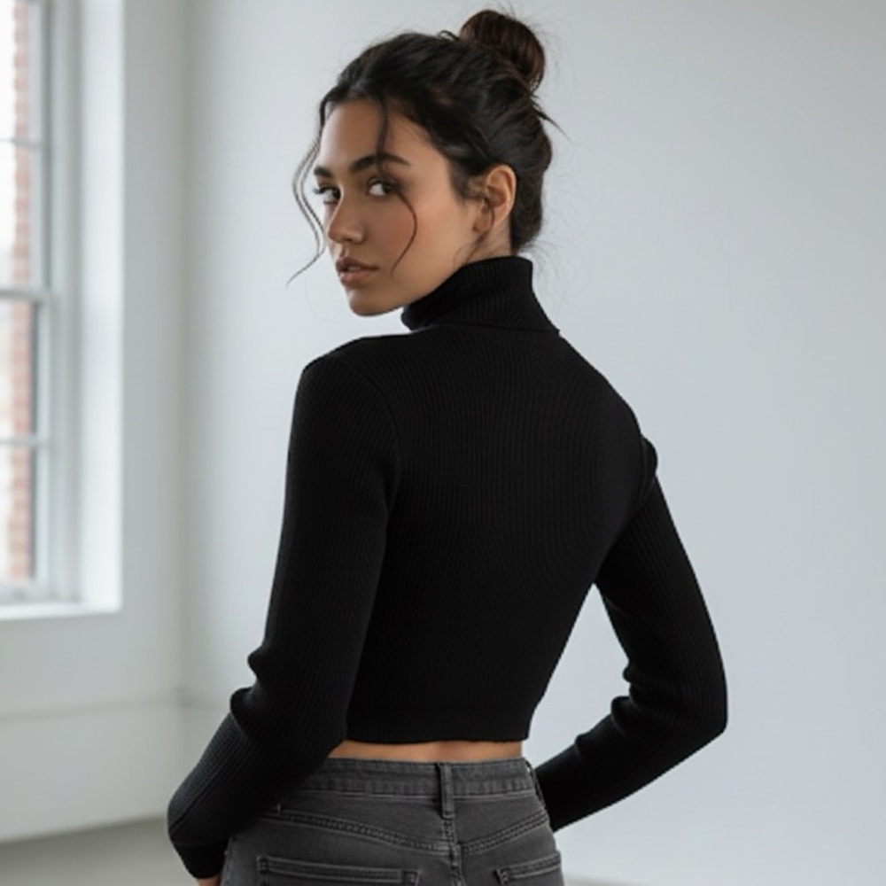 Elegant Black Ribbed Mock Neck Long Sleeves Woman's Crop Top